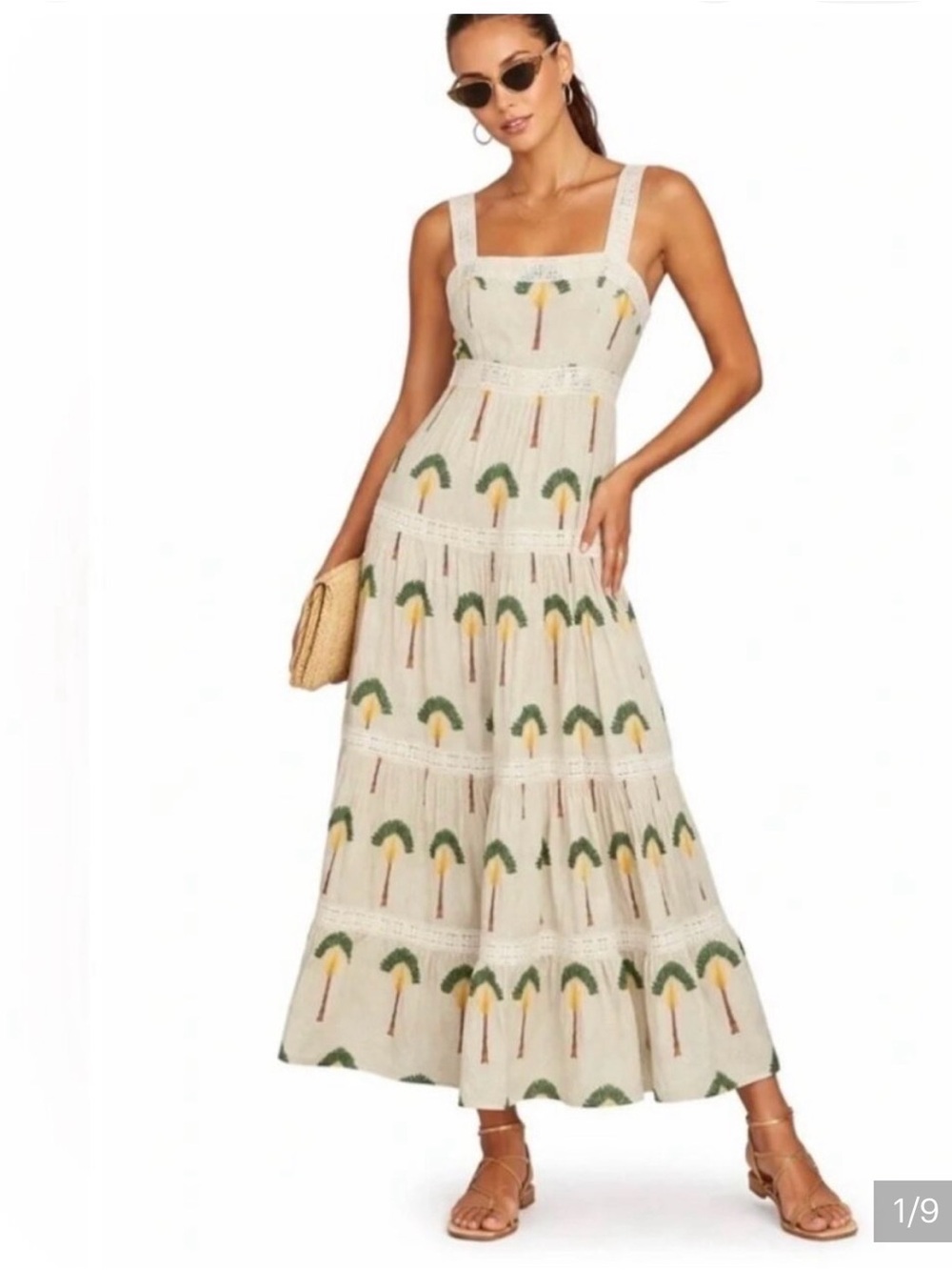 Calypso St. Barth Cream Tiered Maxi Skirt with Green & Yellow Palm Print